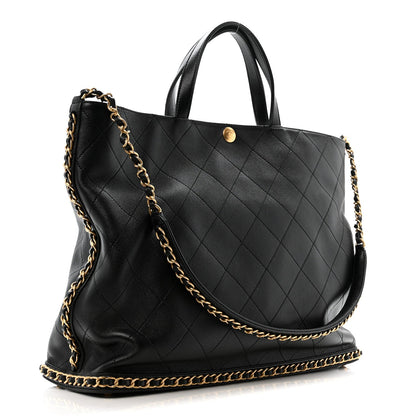 Chanel Shiny Lambskin Quilted Chain Around Shopping Tote Black