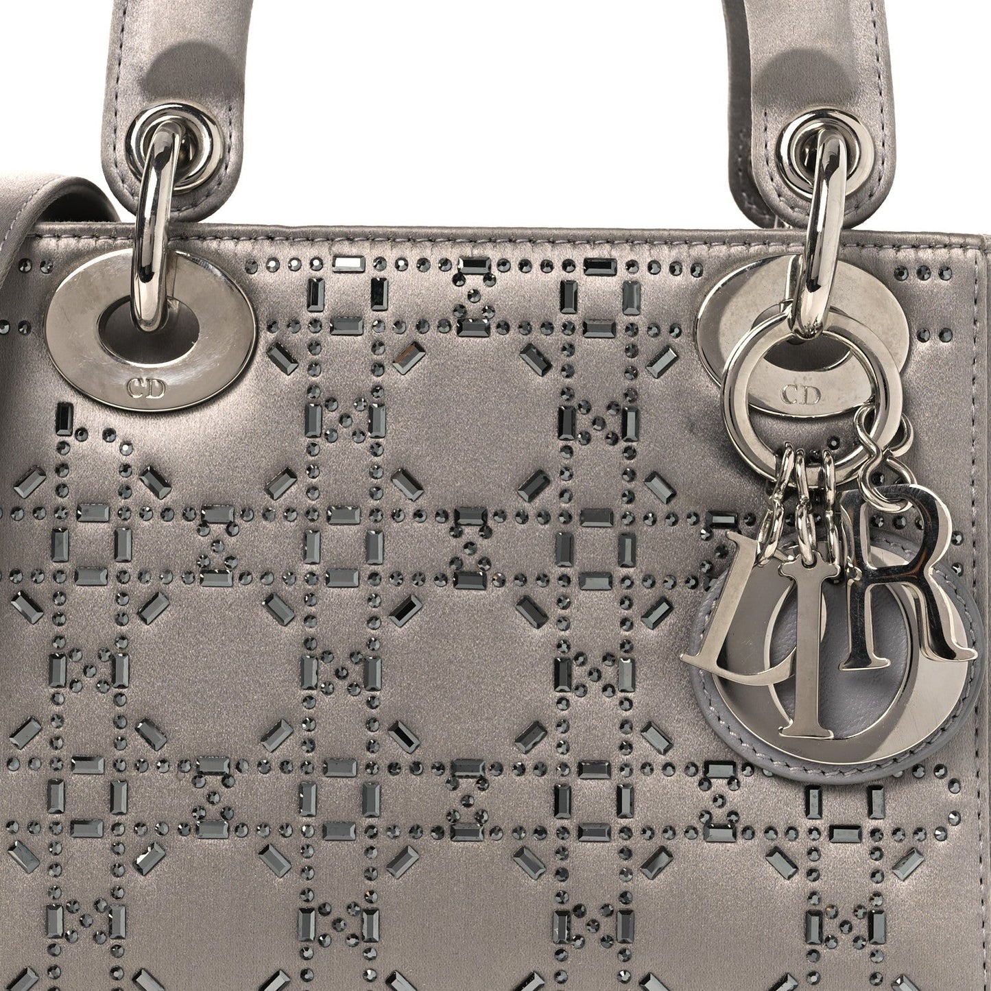 Christian Dior Satin Crystal Cannage Mini Lady Dior Gray
