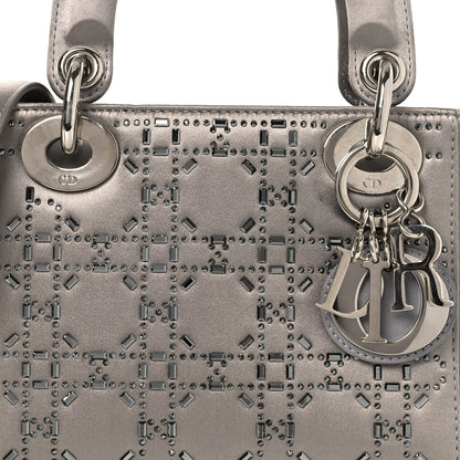 Christian Dior Satin Crystal Cannage Mini Lady Dior Gray