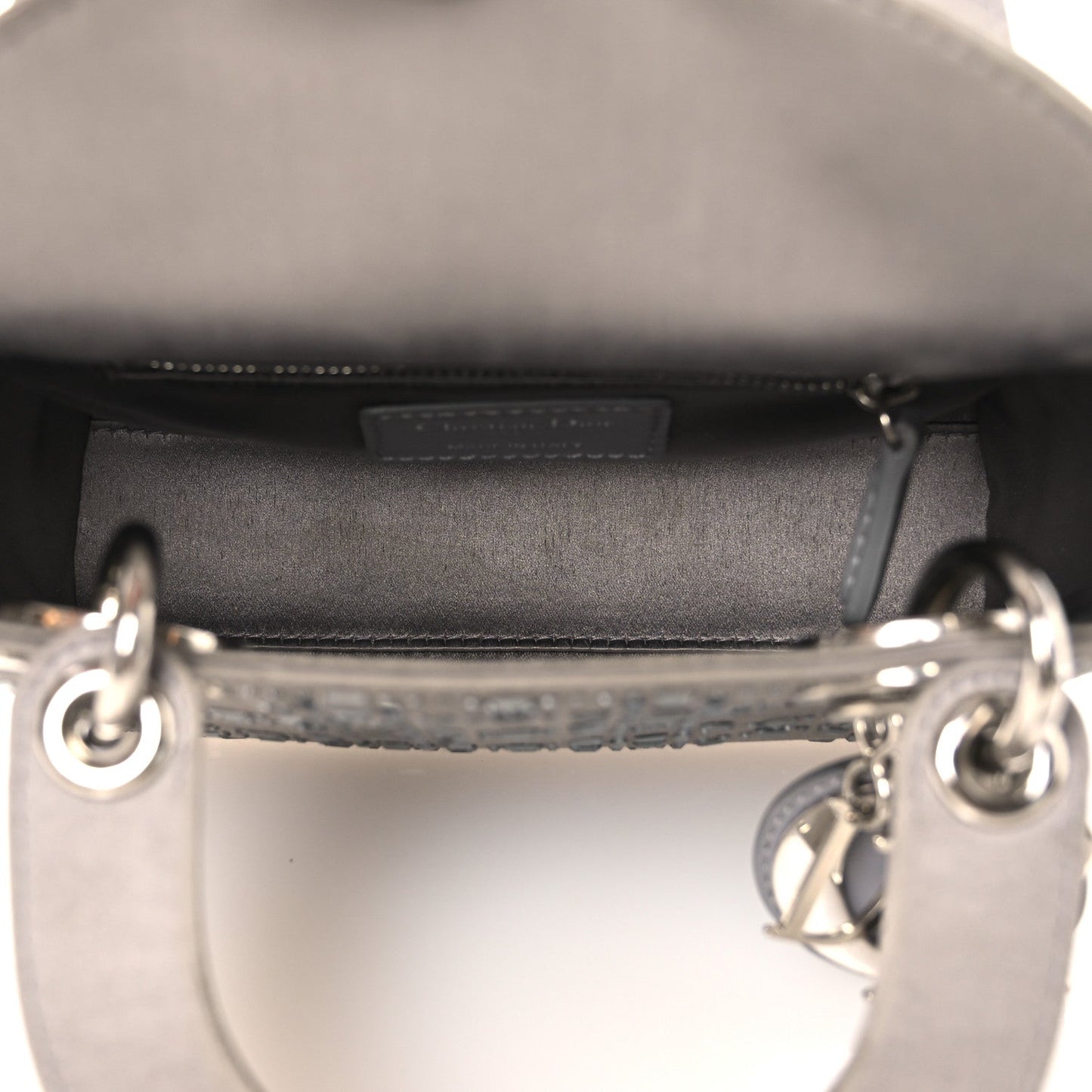 Christian Dior Satin Crystal Cannage Mini Lady Dior Gray