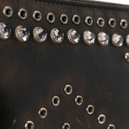 Prada Aged Calfskin Grommet Crystal Studded Zip Around Wallet Ebano