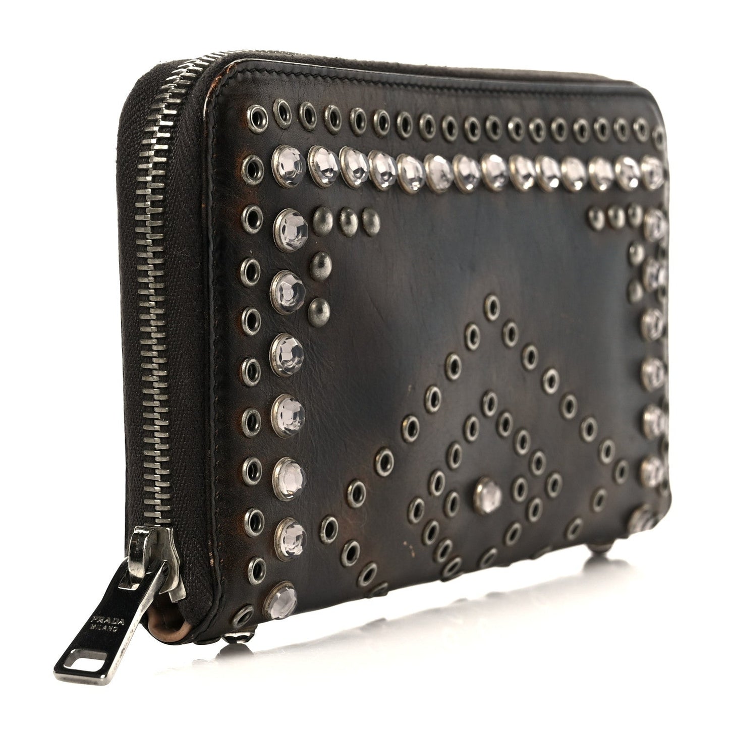 Prada Aged Calfskin Grommet Crystal Studded Zip Around Wallet Ebano