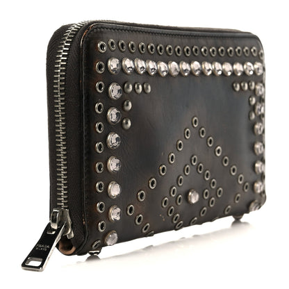 Prada Aged Calfskin Grommet Crystal Studded Zip Around Wallet Ebano