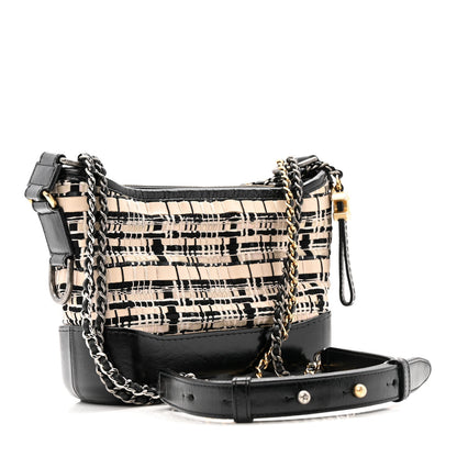 Chanel Tweed Calfskin Calfskin Small Gabrielle Hobo Black Light Beige