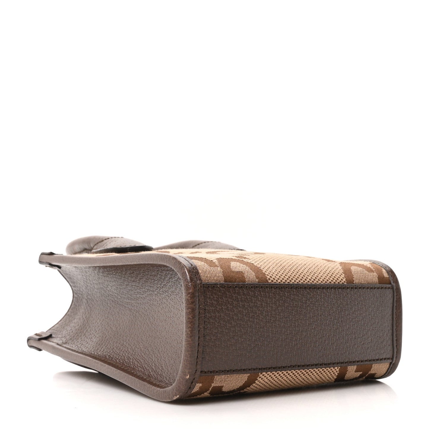 Gucci Monogram Jumbo GG Textured Dollar Calfskin Web Mini Vertical Tote Camel Ebony New Acero