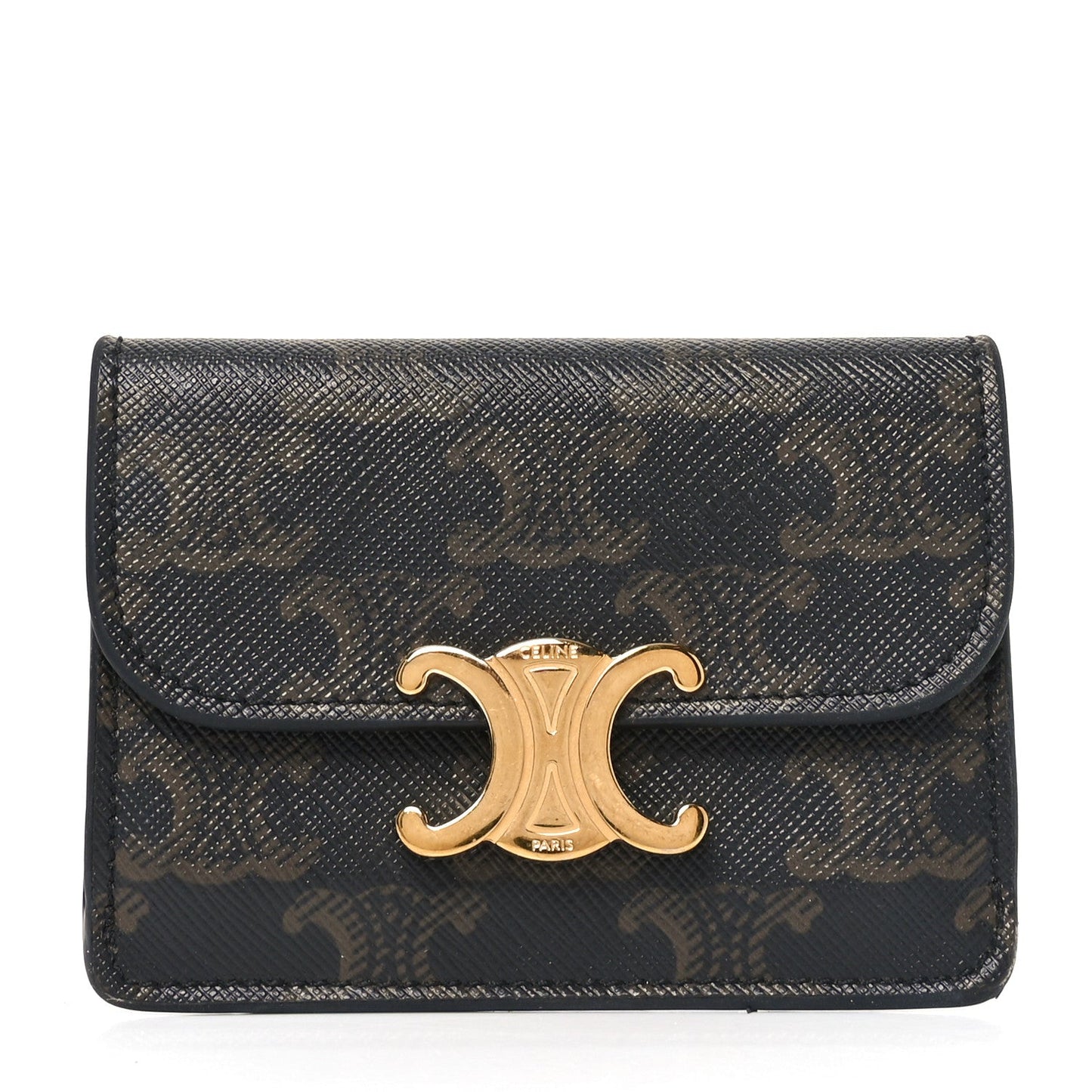 Celine Triomphe Canvas Calfskin Flap Card Holder Tan