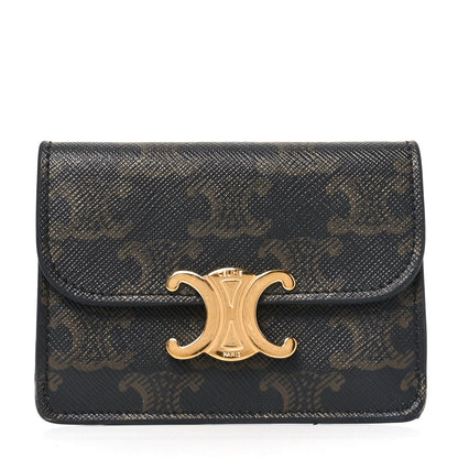 Celine Triomphe Canvas Calfskin Flap Card Holder Tan