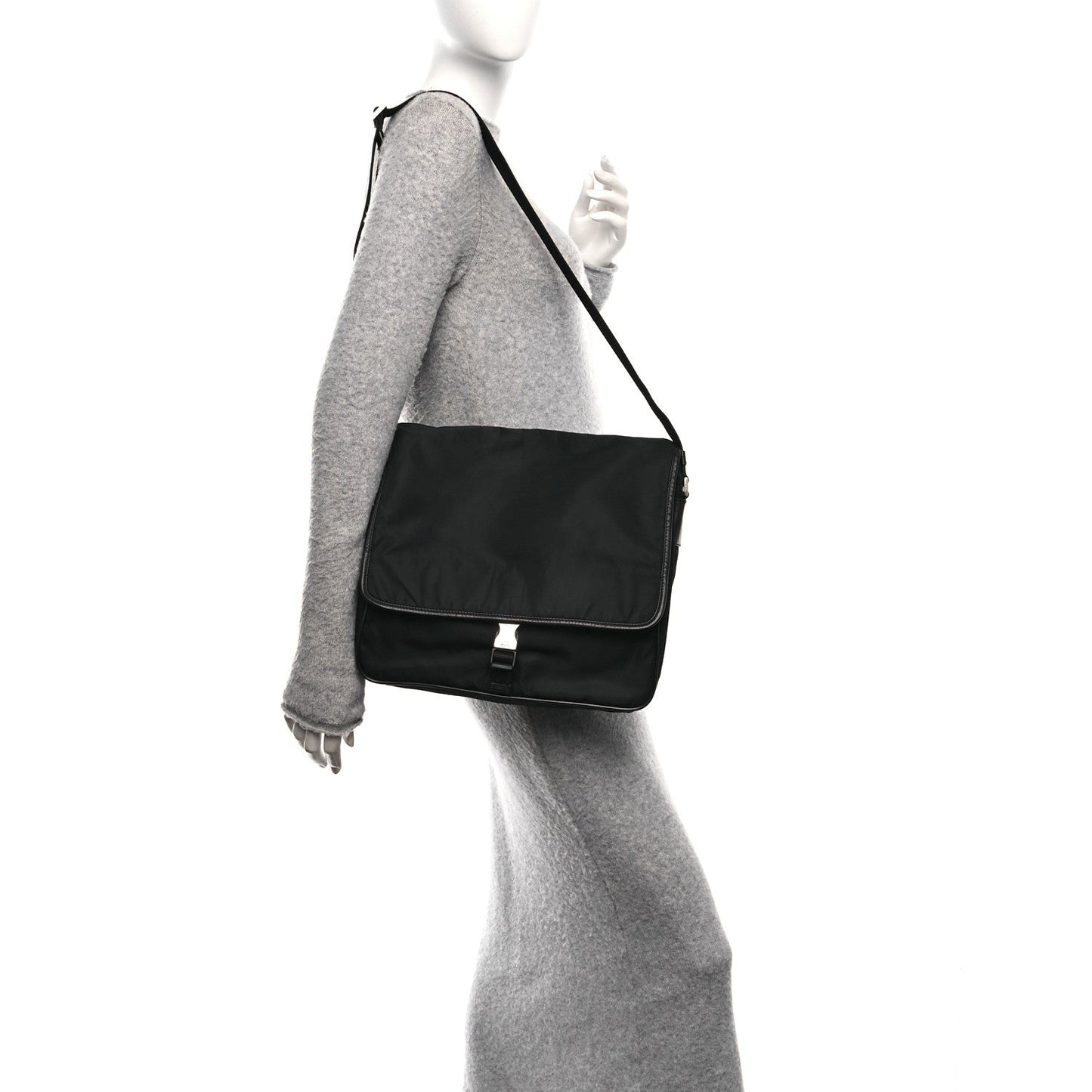 Prada Tessuto Nylon Saffiano Single Snap Buckle Flap Messenger Bag Black