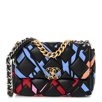 Chanel Lambskin Printed Fabric Medium Chanel 19 Flap Black Multicolor