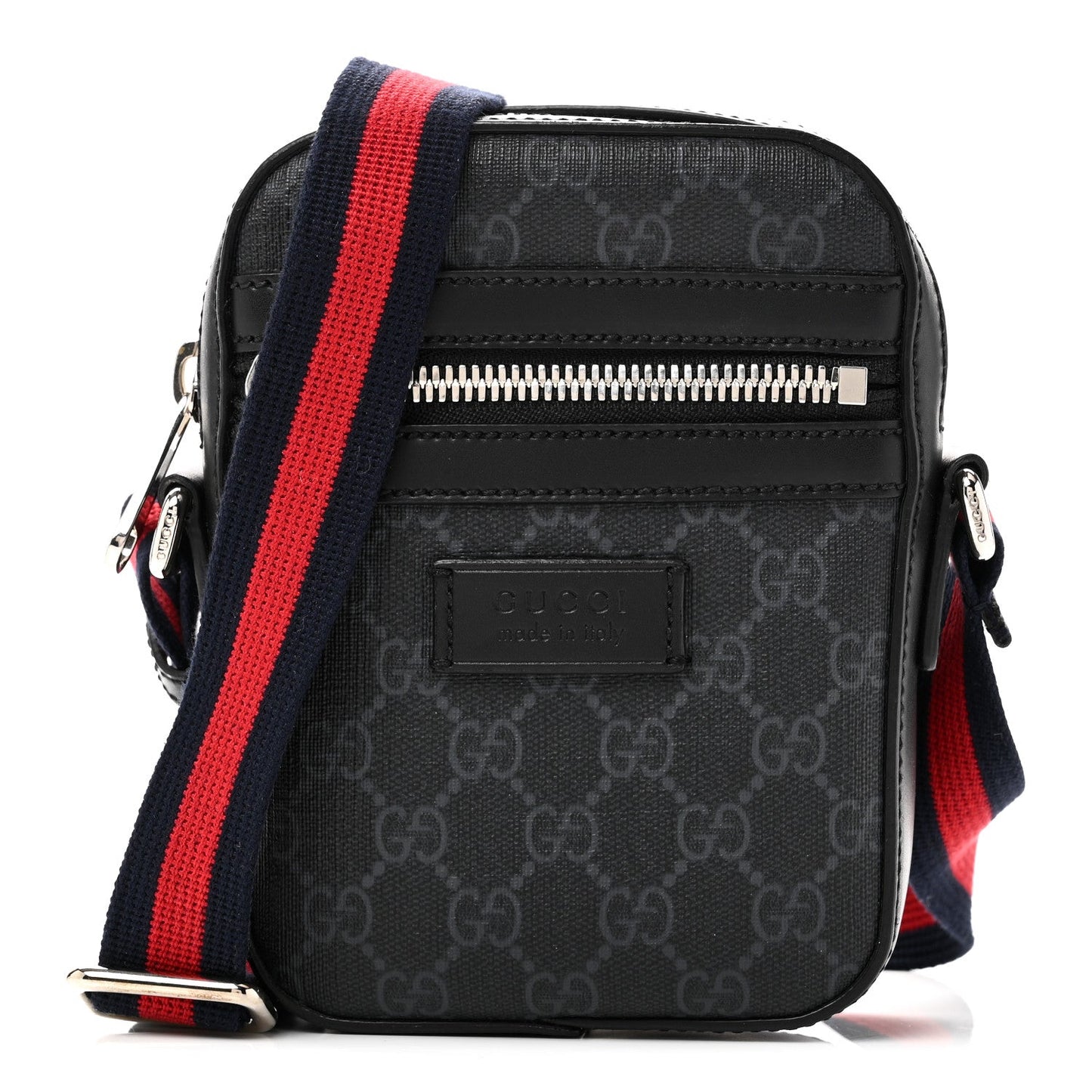 Gucci GG Supreme Monogram Appia Calfskin Web Small Camera Messenger Bag Black Grey