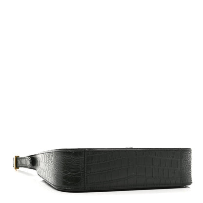 Saint Laurent Calfskin Crocodile Embossed Le 5 A 7 Hobo Dark Green Bottle