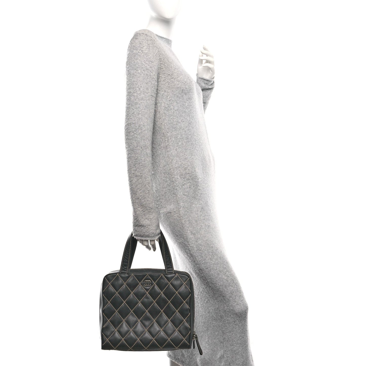 Chanel Calfskin Wild Stitch Vertical Top Handle Bag Black
