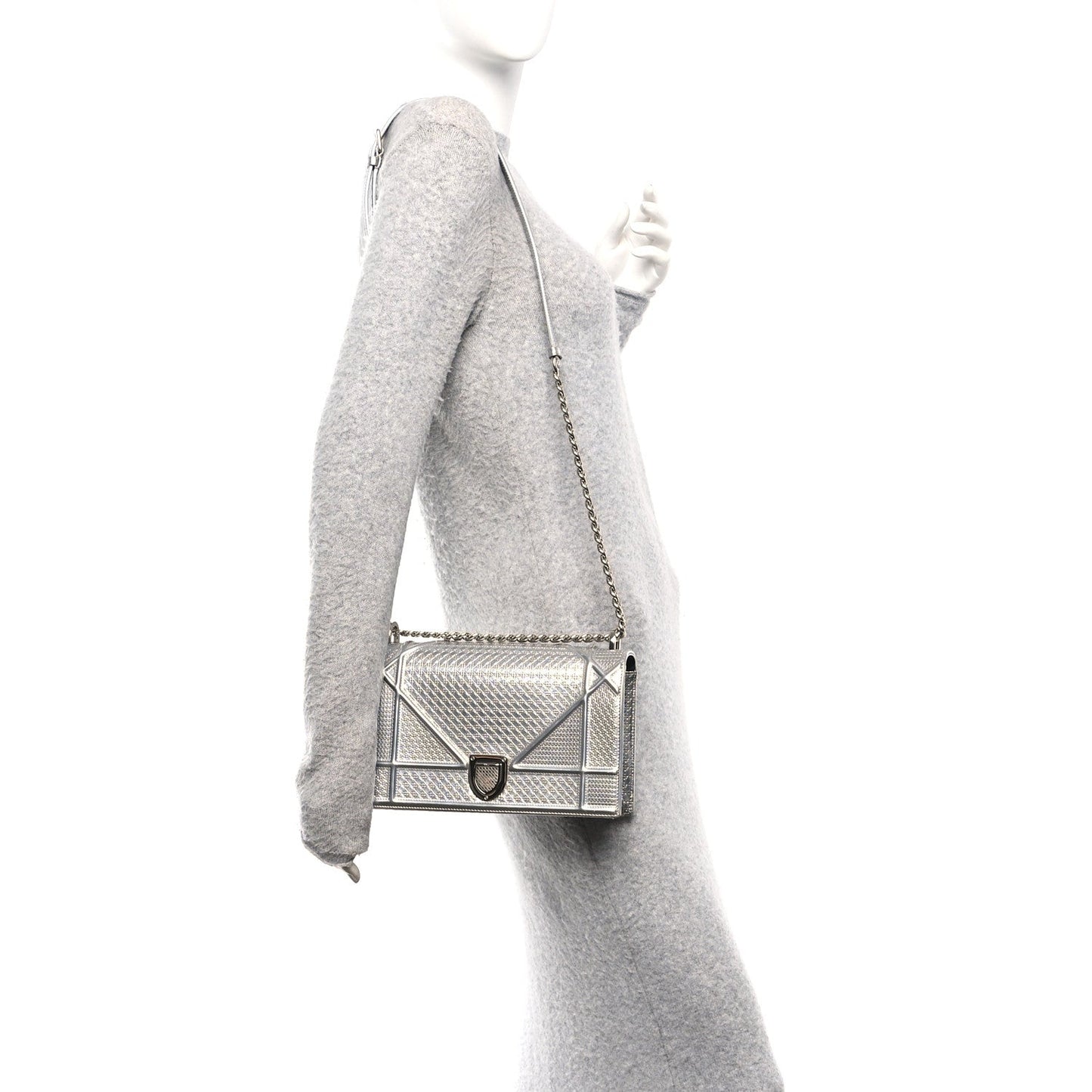 Christian Dior Metallic Patent Micro-Cannage Medium Diorama Flap Bag Silver