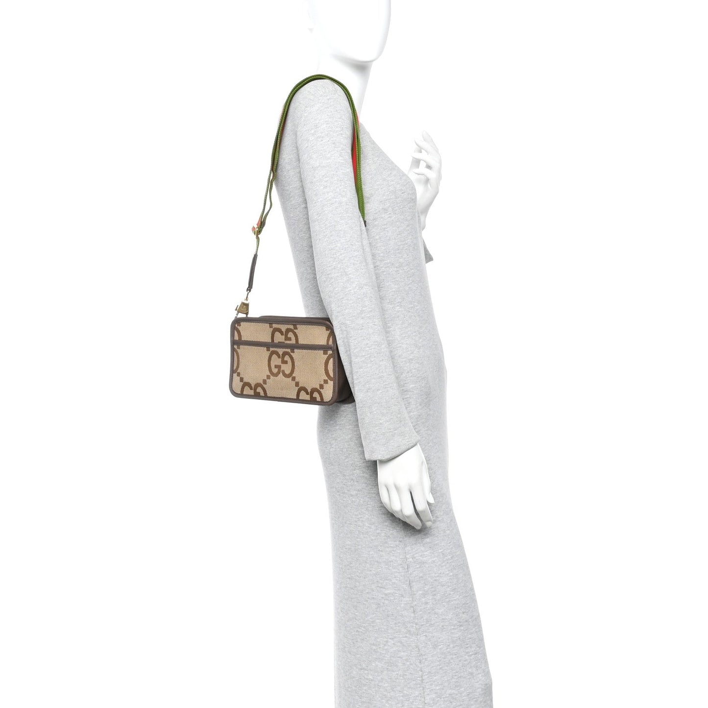 Gucci Monogram Jumbo GG Textured Dollar Calfskin Web Mini Crossbody Bag Camel Ebony New Acero
