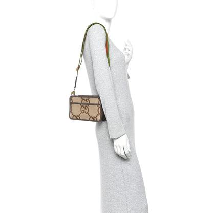 Gucci Monogram Jumbo GG Textured Dollar Calfskin Web Mini Crossbody Bag Camel Ebony New Acero