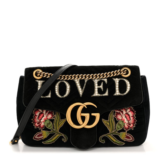 Gucci Velvet Matelasse Loved Embroidered Medium GG Marmont Shoulder Bag Black