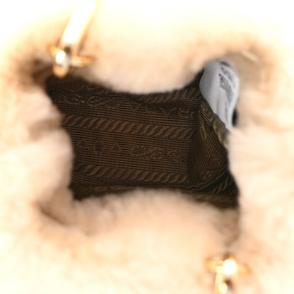 Prada Shearling Metal Triangle Logo Mini Drawcord Pouch Shoulder Bag Ecru