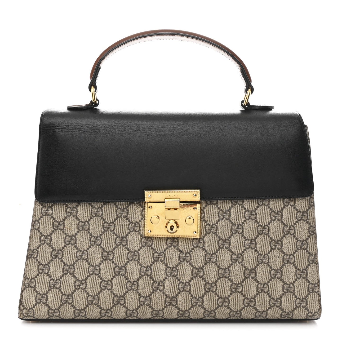Gucci GG Supreme Monogram Calfskin Medium Padlock Top Handle Bag Beige Black Cuir