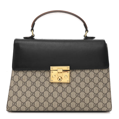 Gucci GG Supreme Monogram Calfskin Medium Padlock Top Handle Bag Beige Black Cuir