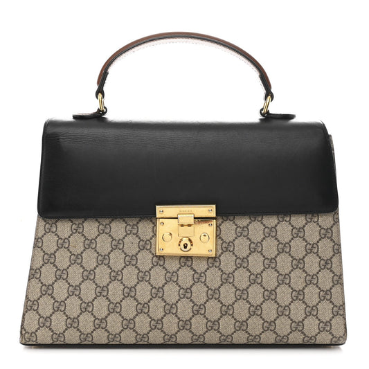 Gucci GG Supreme Monogram Calfskin Medium Padlock Top Handle Bag Beige Black Cuir