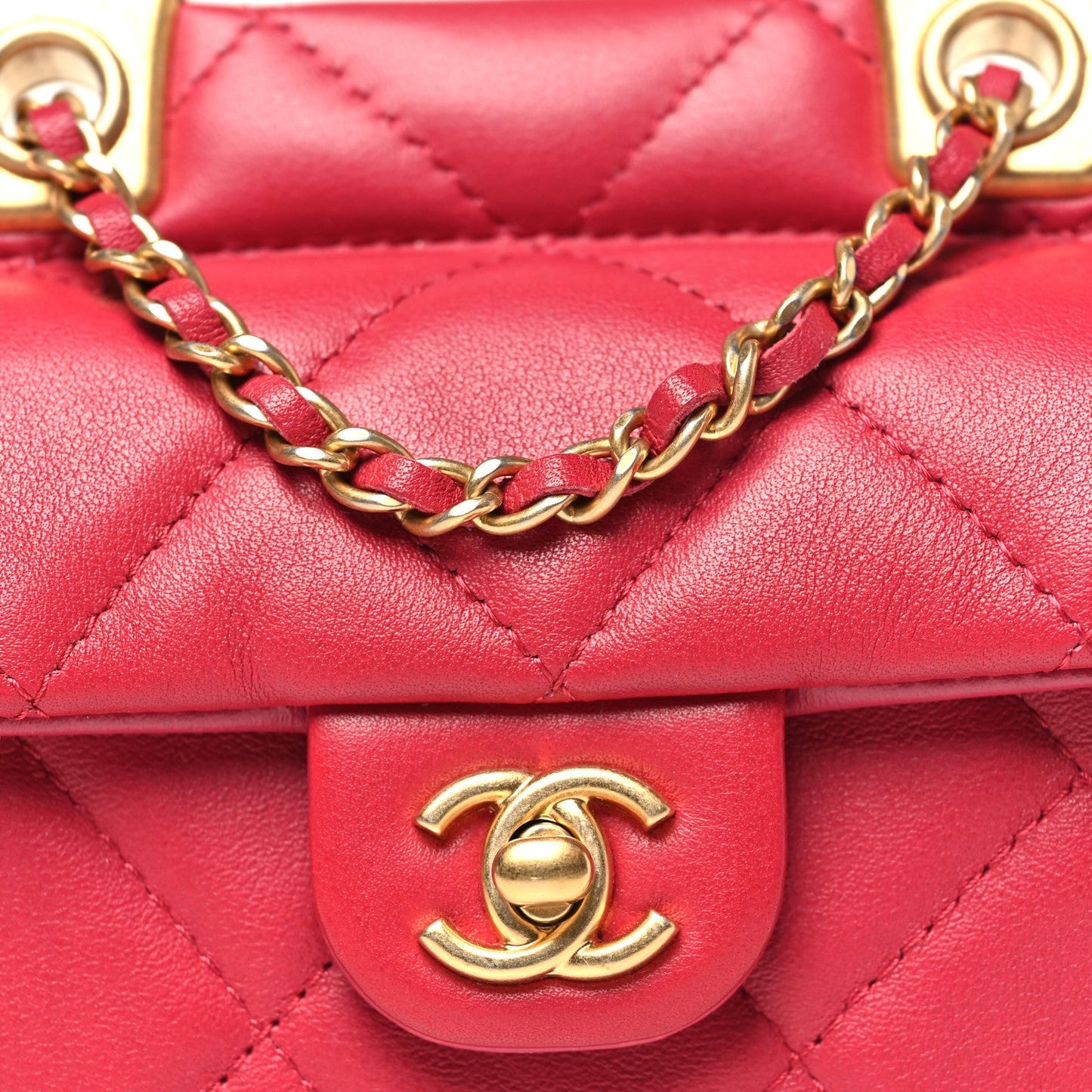 Chanel Calfskin Quilted Lady Handle Flap Card Holder With Chain Dark Pink
