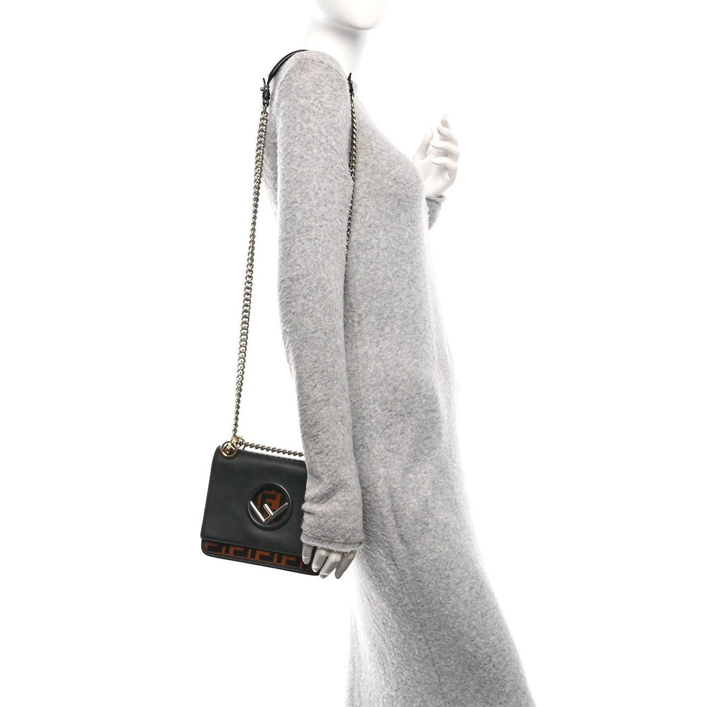 Fendi Vitello Century Velvet F is Fendi FF Small Kan I Shoulder Bag Black Tobacco