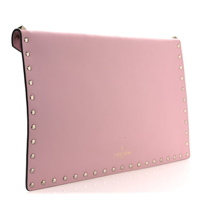 Valentino Garavani Pebbled Calfskin Large Rockstud Envelope Clutch Water Rose