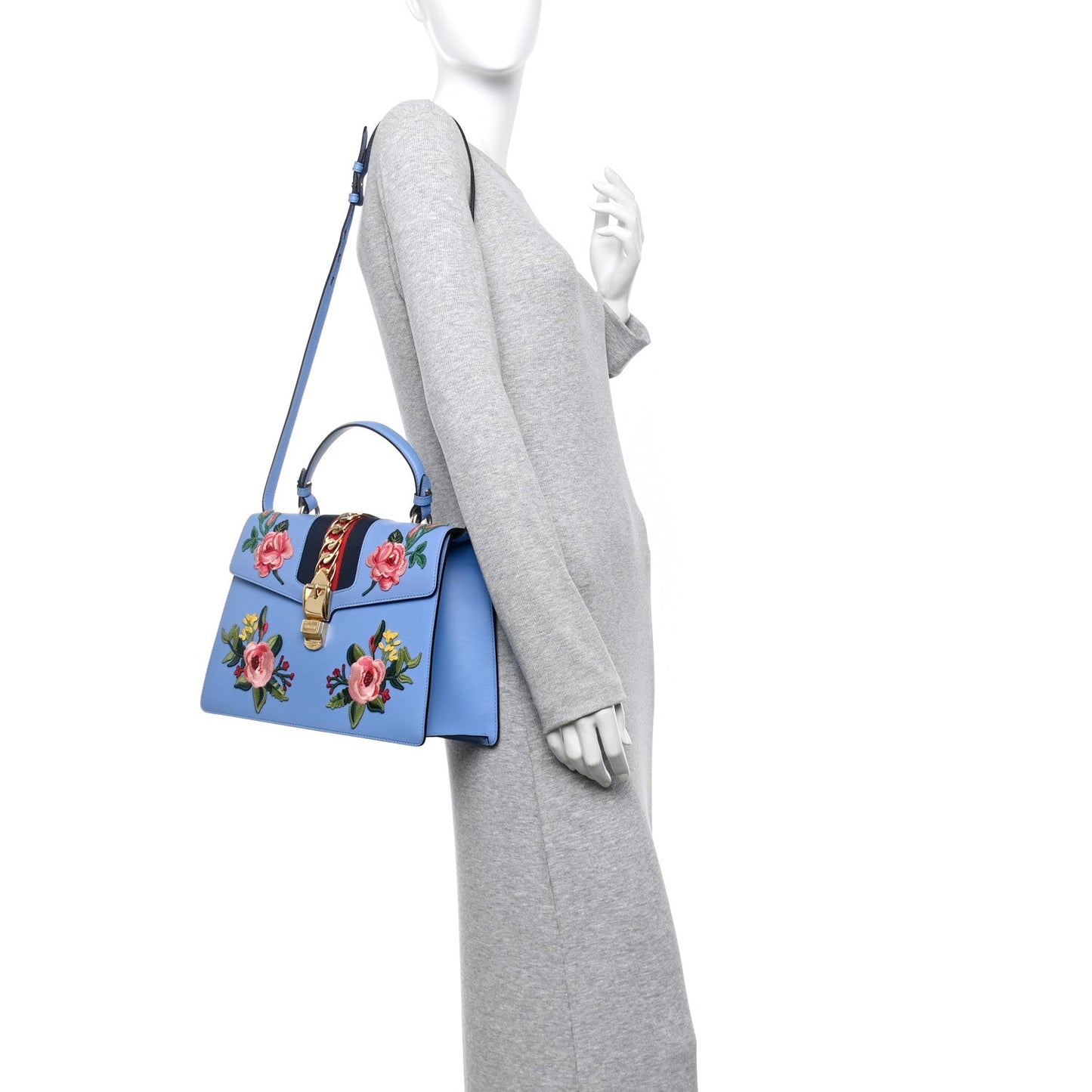 Gucci Calfskin Embroidered Medium Sylvie Top Handle Bag Clear Sky Blue
