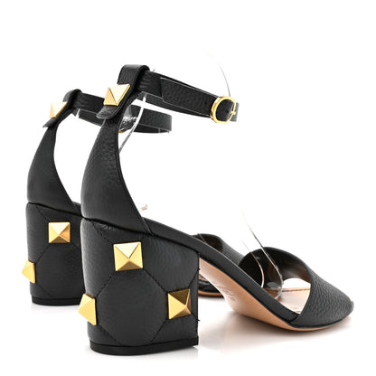 Valentino Garavani Grained Calfskin Roman Stud Ankle Strap 75mm Sandals 37 Black