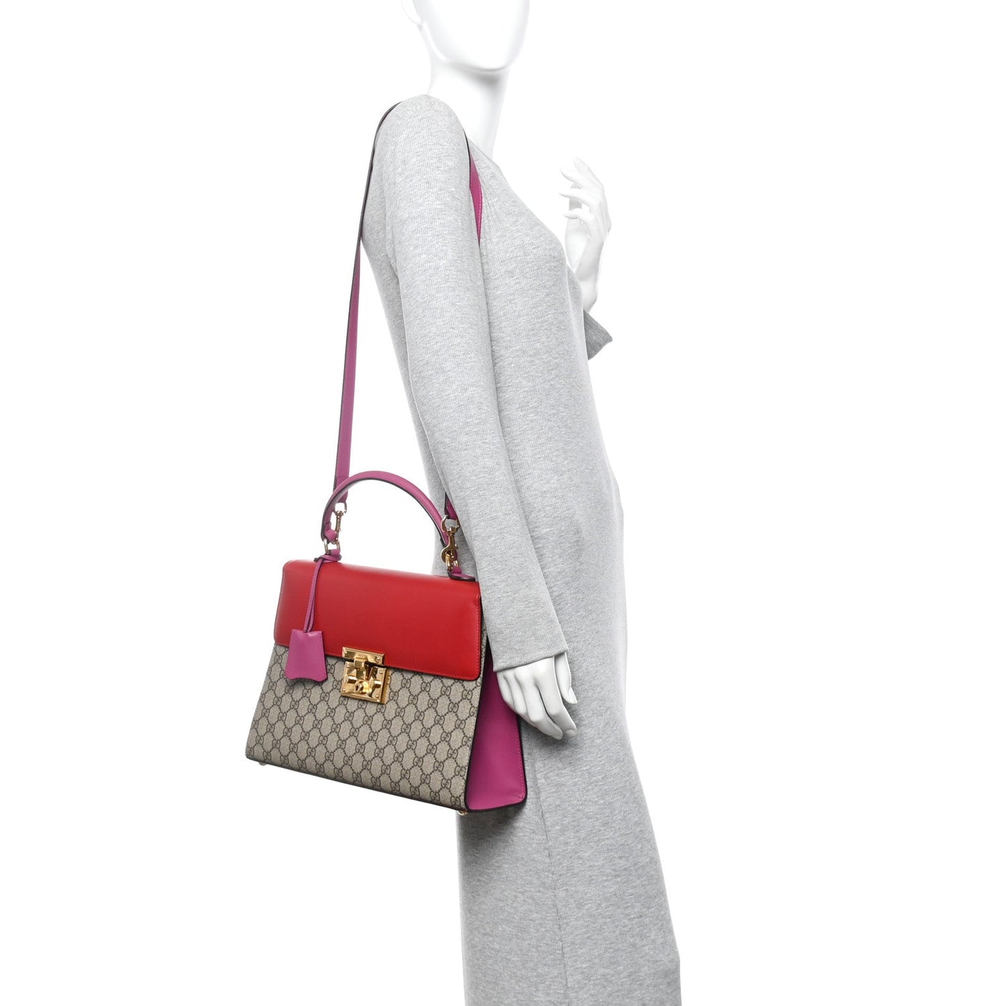 Gucci GG Supreme Monogram Calfskin Medium Padlock Top Handle Bag Beige Hibiscus Red New Rosette