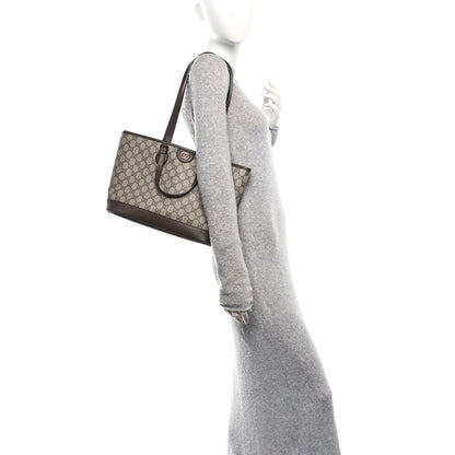 Gucci GG Supreme Monogram Textured Calfskin Small Ophidia Shoulder Tote Bag Beige Ebony New Acero