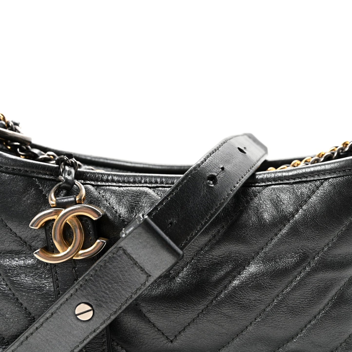 Chanel Metallic Aged Calfskin Chevron Quilted Small Gabrielle Hobo Dark Grey