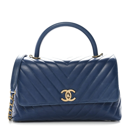 Chanel Aged Calfskin Chevron Quilted Small Coco Handle Flap Blue