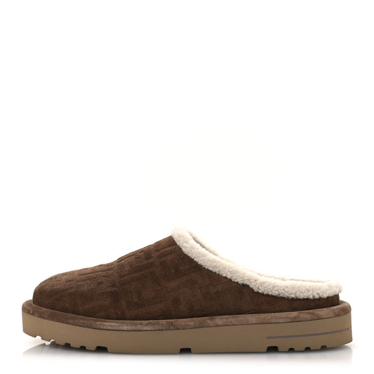 Fendi Suede Shearling FF Embossed Mens Sabot Mules 39 Brown
