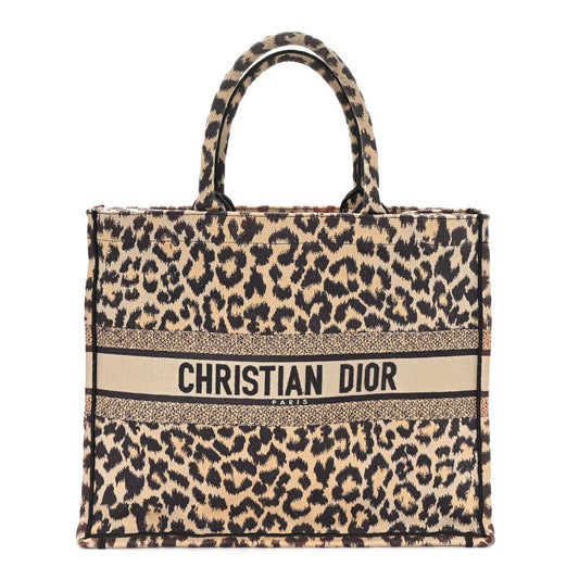 Christian Dior Canvas Mizza Embroidered Large Leopard Book Tote Beige