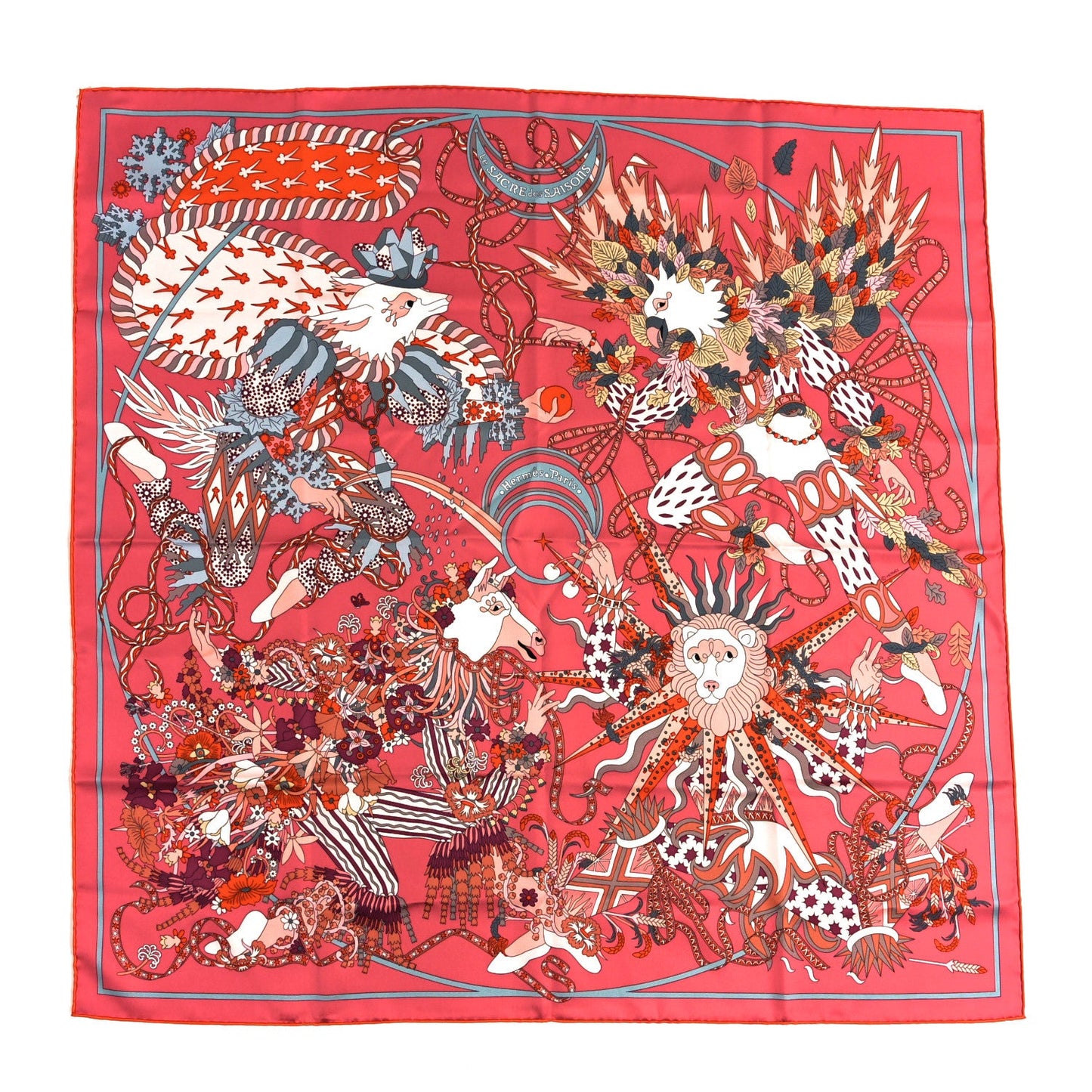 Hermes Silk Le Sacre Des Saisons Scarf 90  Vieux Rose Gris Bleute Orange