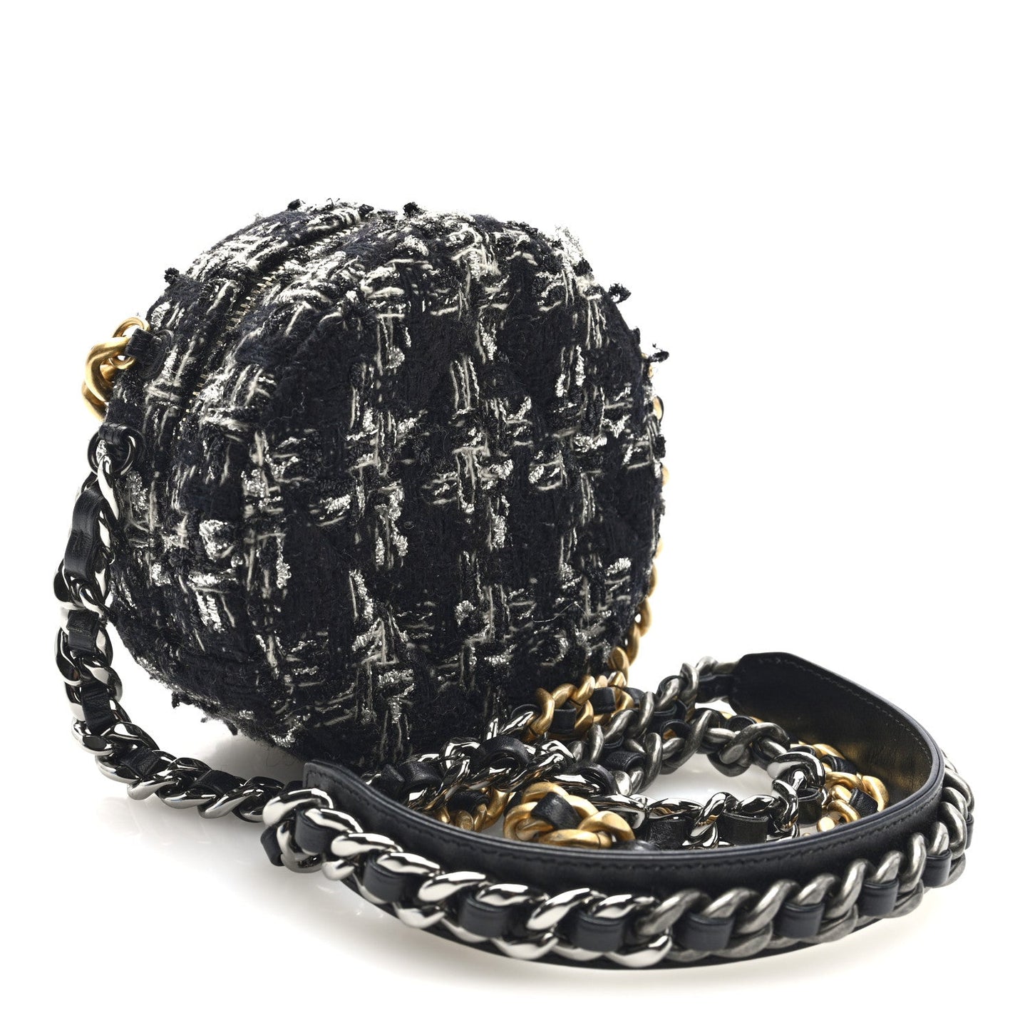 Chanel Tweed Quilted 19 Round Clutch With Chain Black White