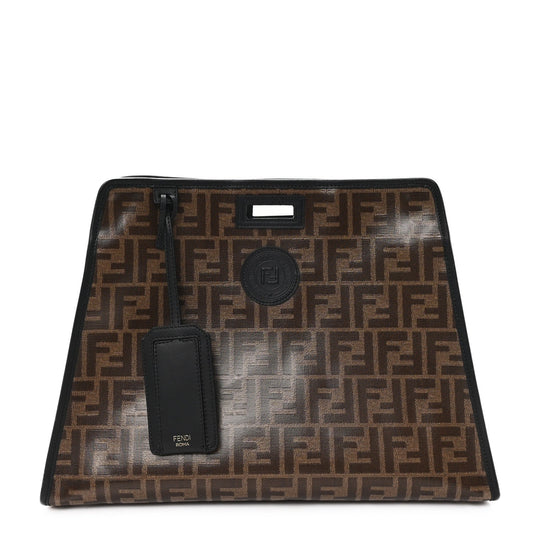 Fendi Glazed Fabric Vitello Century FF 1974 Stamp Patch Medium Peekaboo Defender Cover Mogano Panna Black