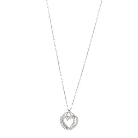 Tiffany 18K White Gold Diamond Double Heart Pendant Necklace