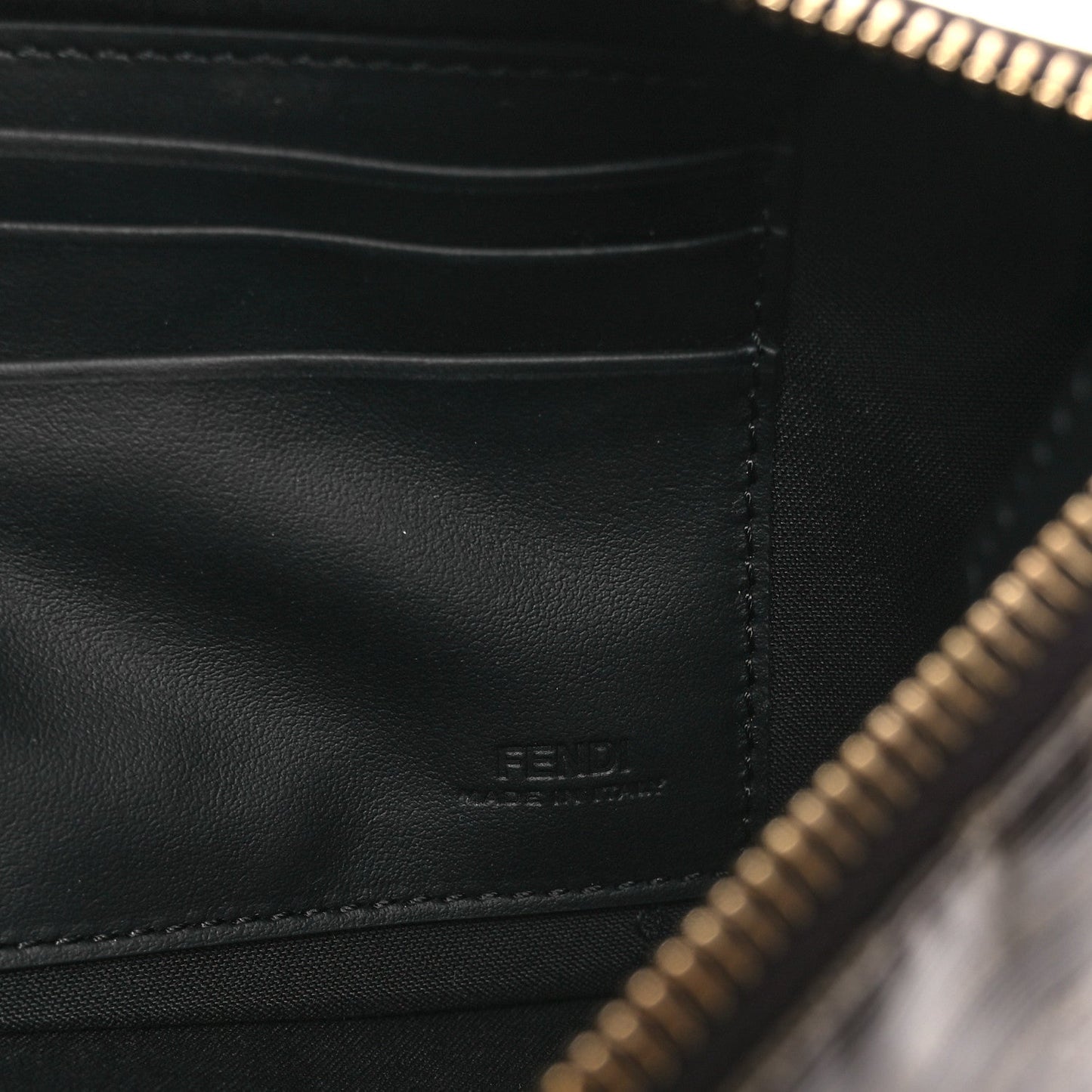 Fendi Glazed Fabric Vitello Century FF 1974 Stamp Patch Large Flat Pouch Mogano Panna Black