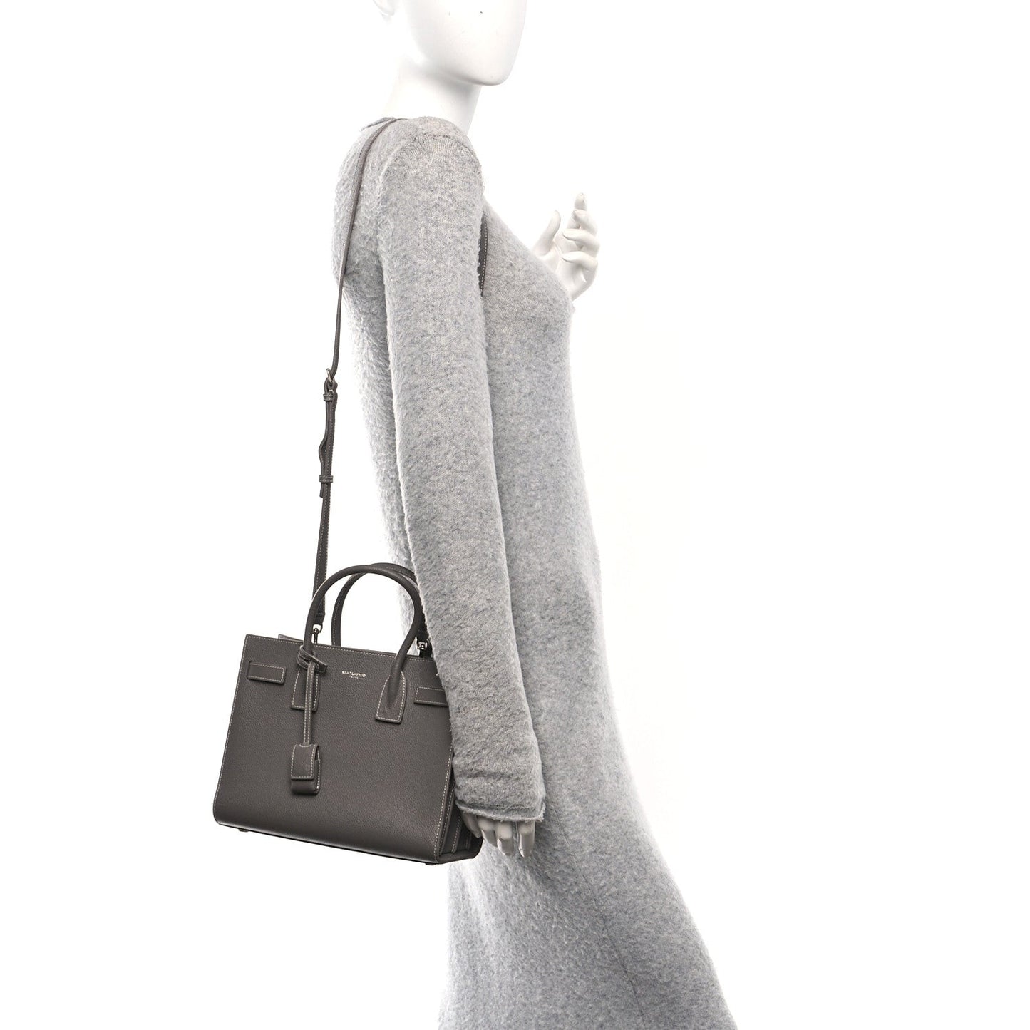 Saint Laurent Grained Calfskin Topstich Baby Sac De Jour Grey