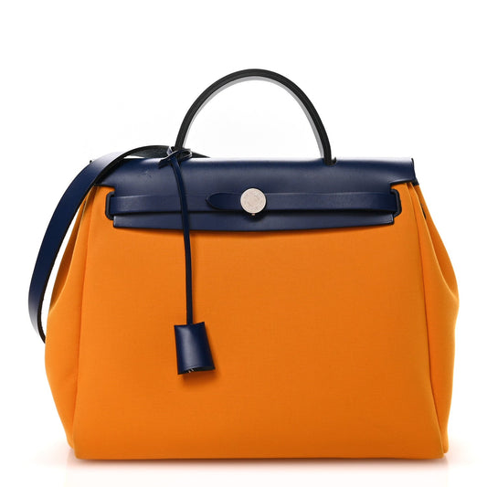 Hermes Military Toile Vache Hunter Verso Herbag Zip Retourne 31 PM Jaune Or Bleu Outremer Bleu Saphir