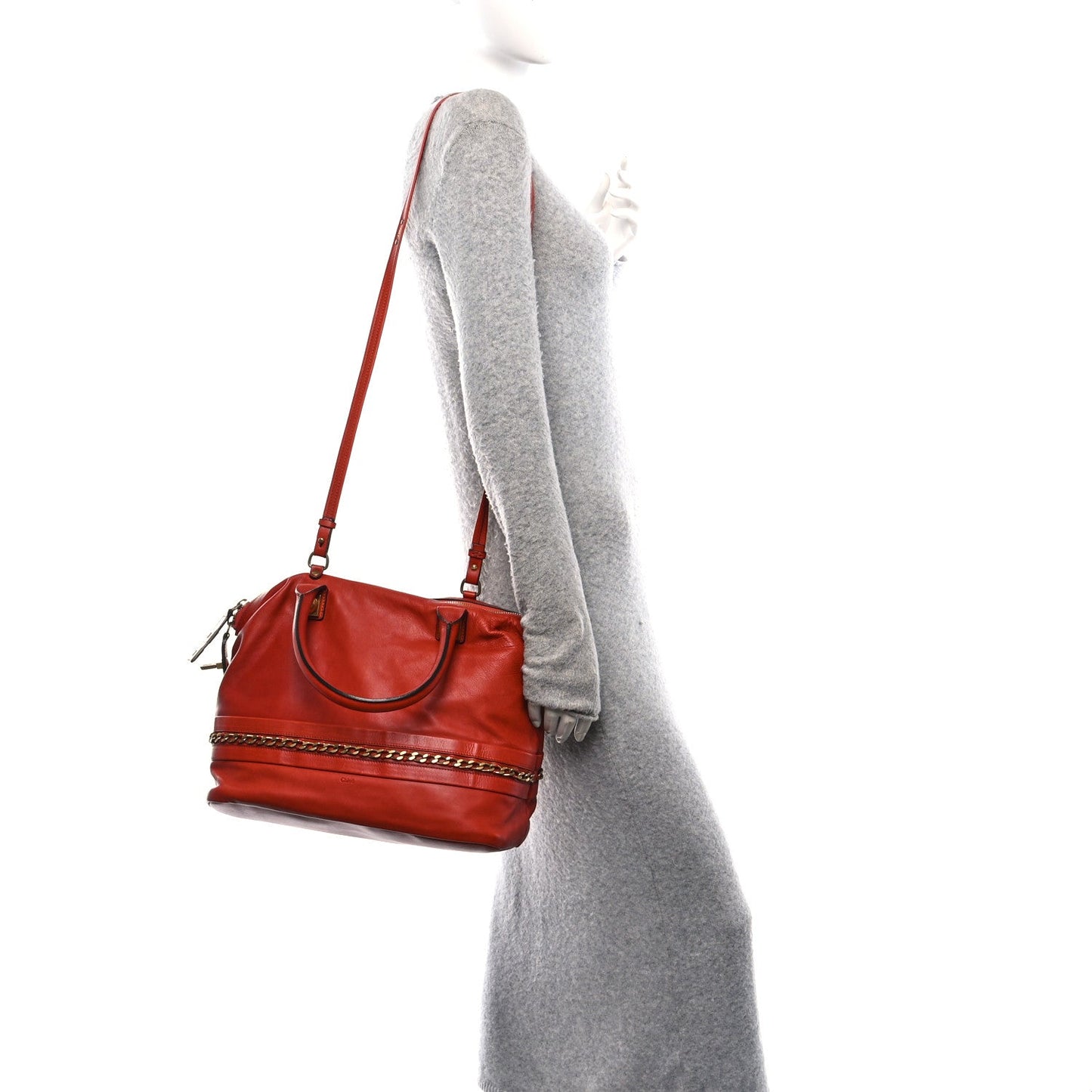 Chloe Calfskin Kira Convertible Bowler Bag Brick Red