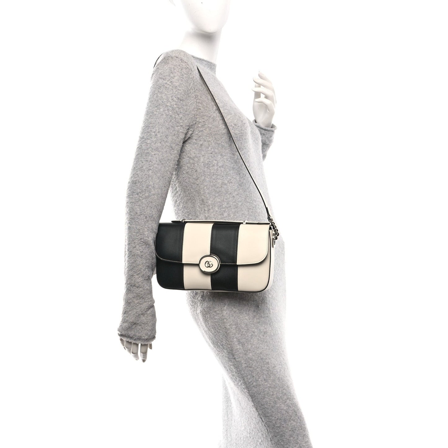 Gucci Senna Calfskin Lines Petite GG Top Handle Shoulder Bag Black Mystic White