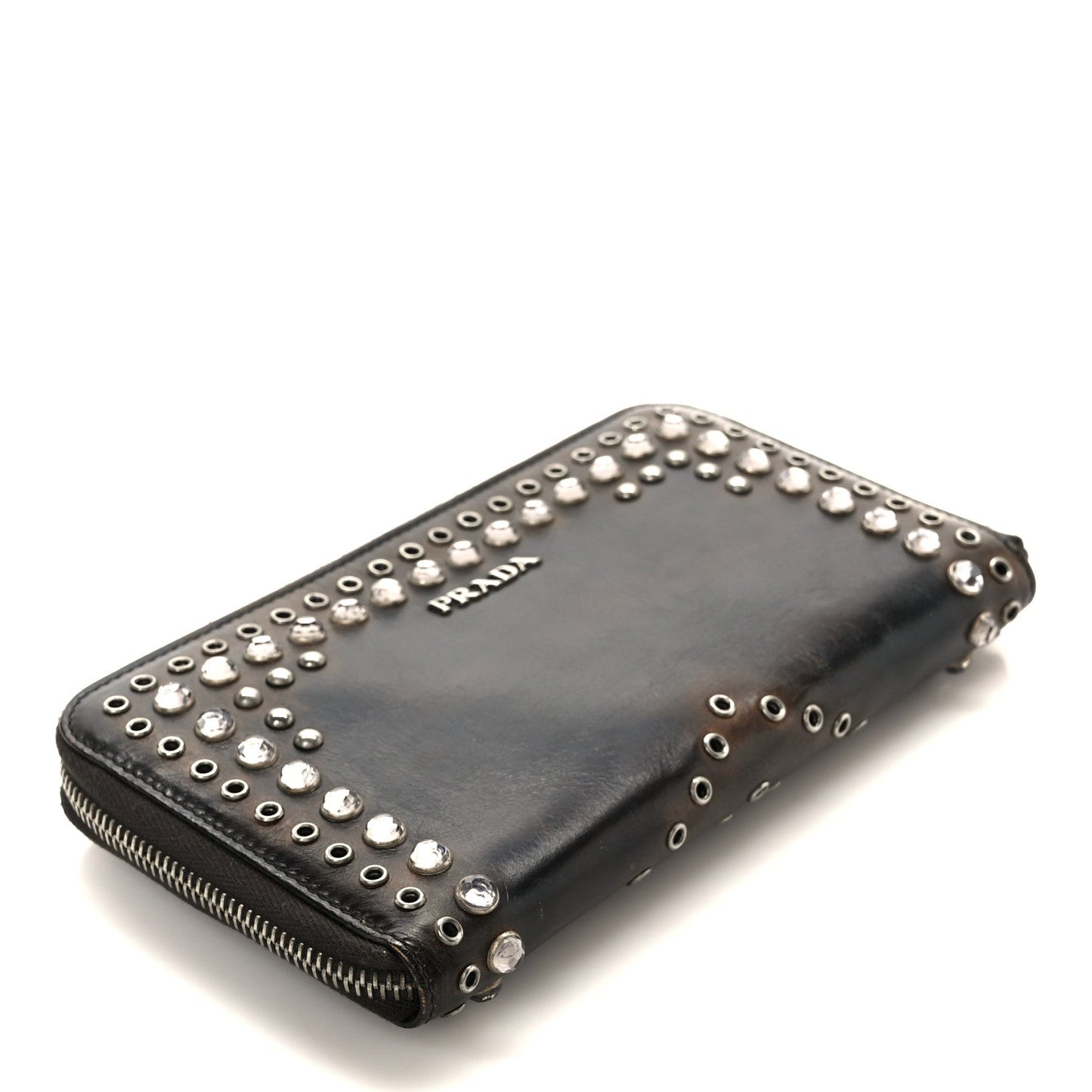 Prada Aged Calfskin Grommet Crystal Studded Zip Around Wallet Ebano