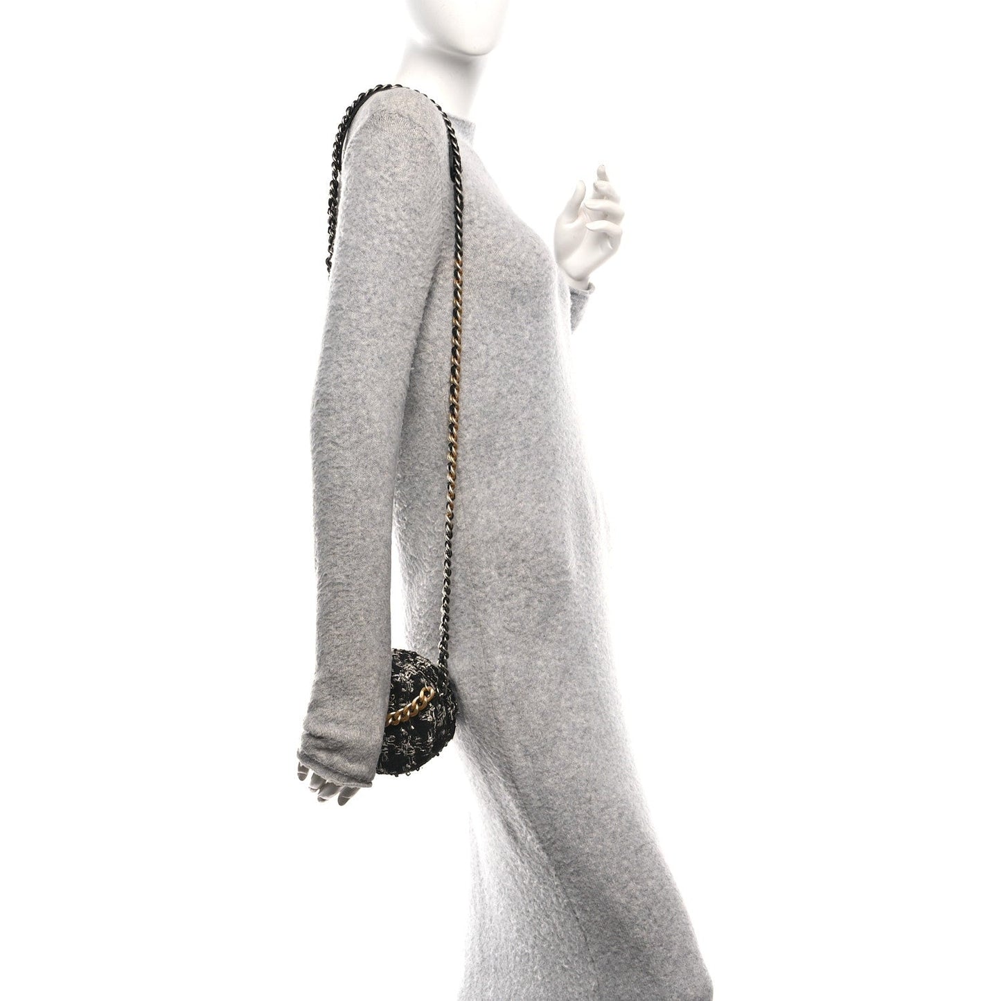 Chanel Tweed Quilted 19 Round Clutch With Chain Black White
