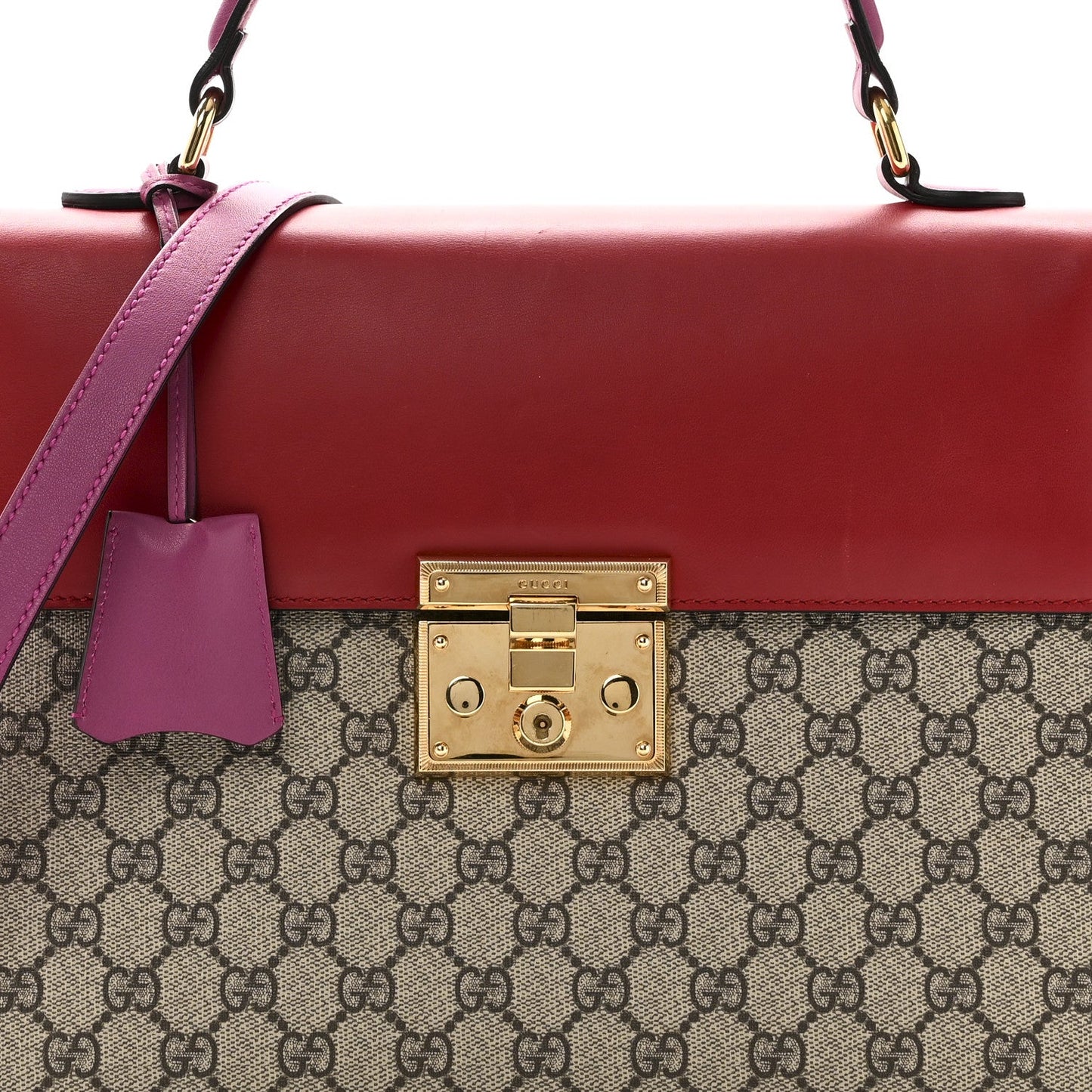 Gucci GG Supreme Monogram Calfskin Medium Padlock Top Handle Bag Beige Hibiscus Red New Rosette