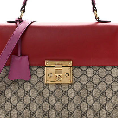Gucci GG Supreme Monogram Calfskin Medium Padlock Top Handle Bag Beige Hibiscus Red New Rosette