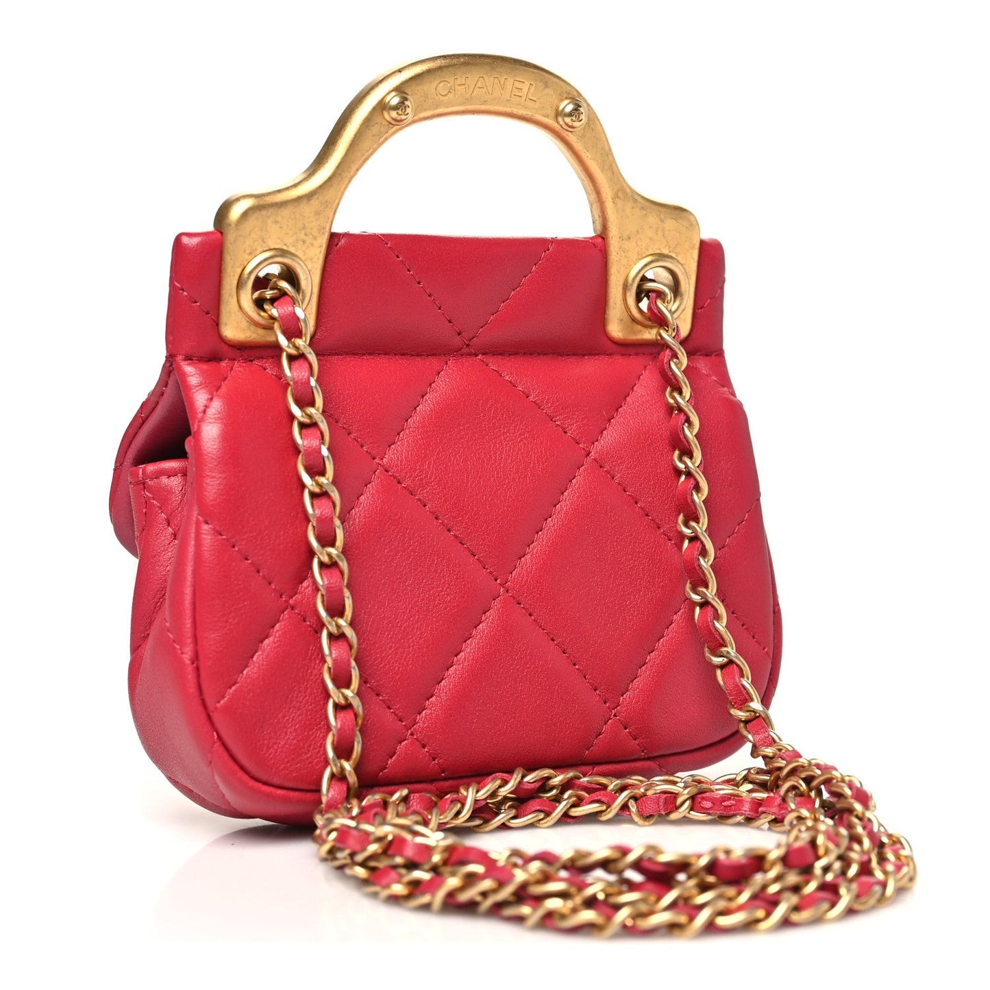 Chanel Calfskin Quilted Lady Handle Flap Card Holder With Chain Dark Pink
