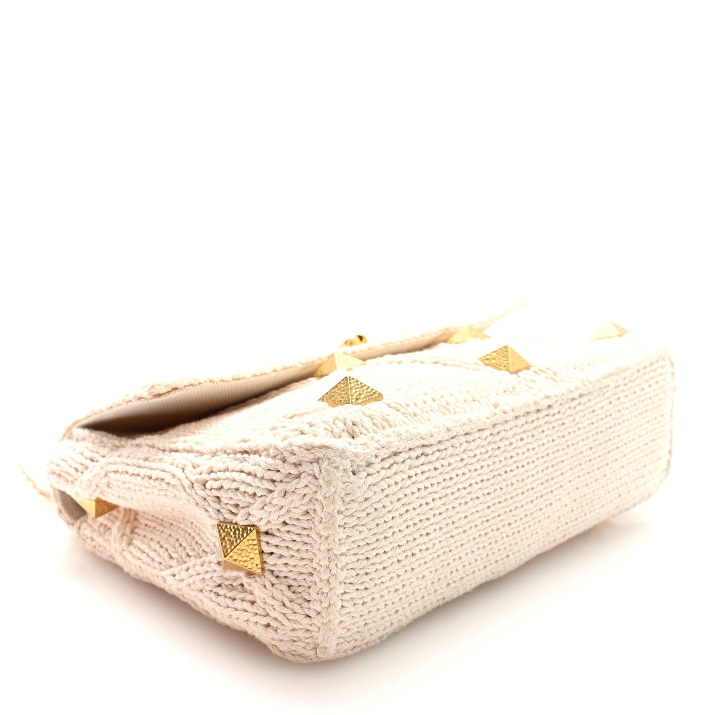 Valentino Garavani Knit Large Roman Stud Shoulder Bag Ecru